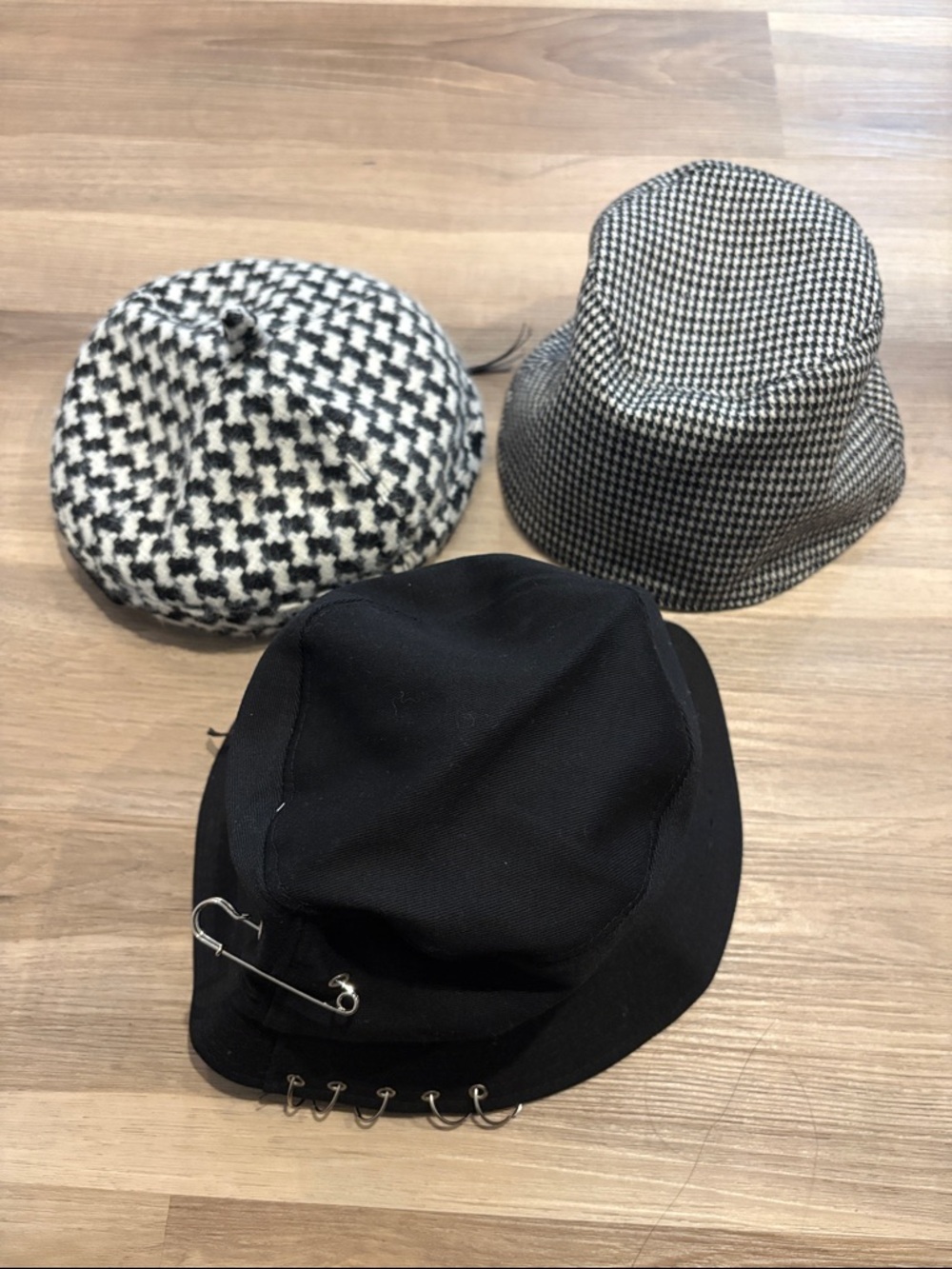3 Youth Girls Hats: NWT Black Bucket Hat with Safety Pin & Ring Accents